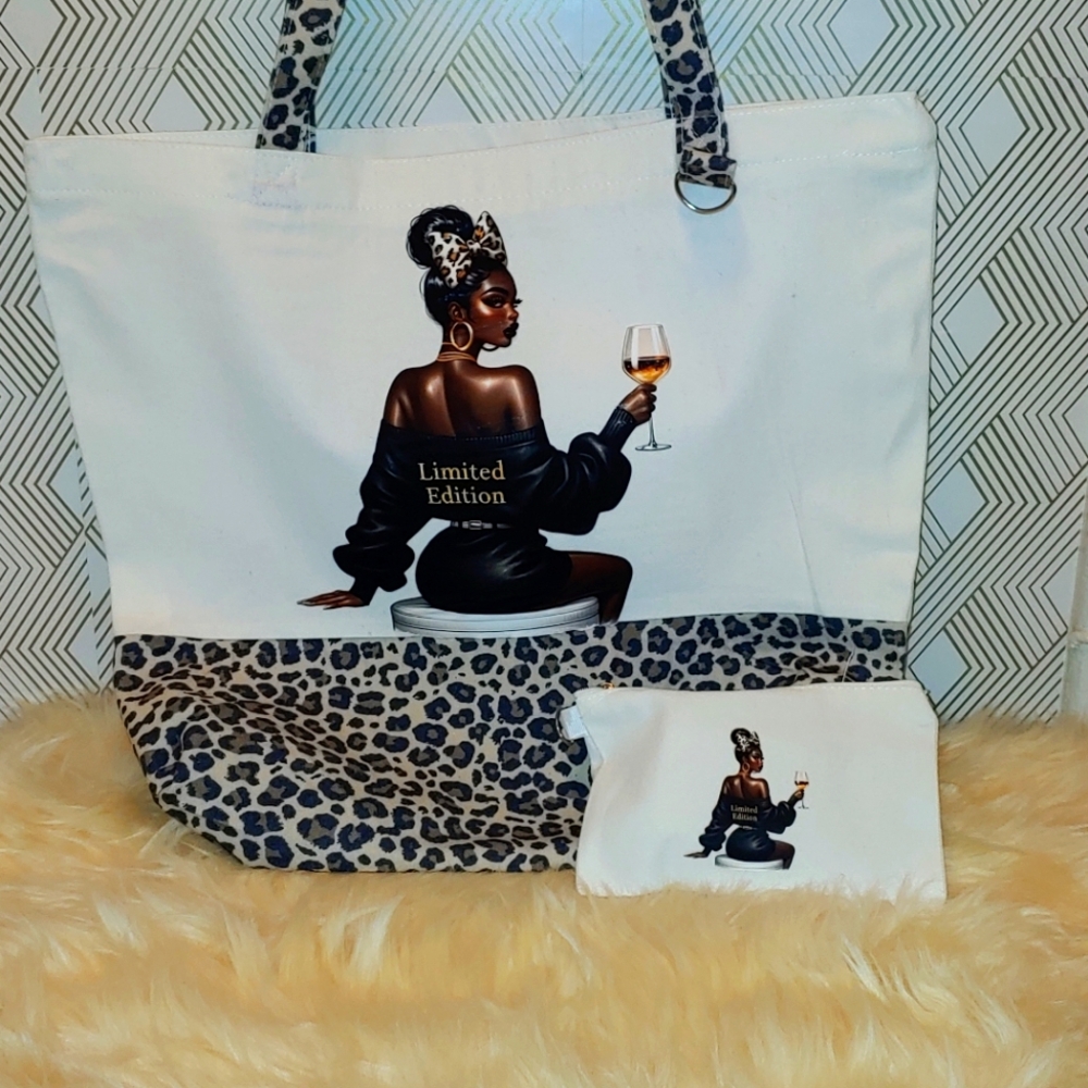 Stylish White and Leopard Print Tote Bag Set